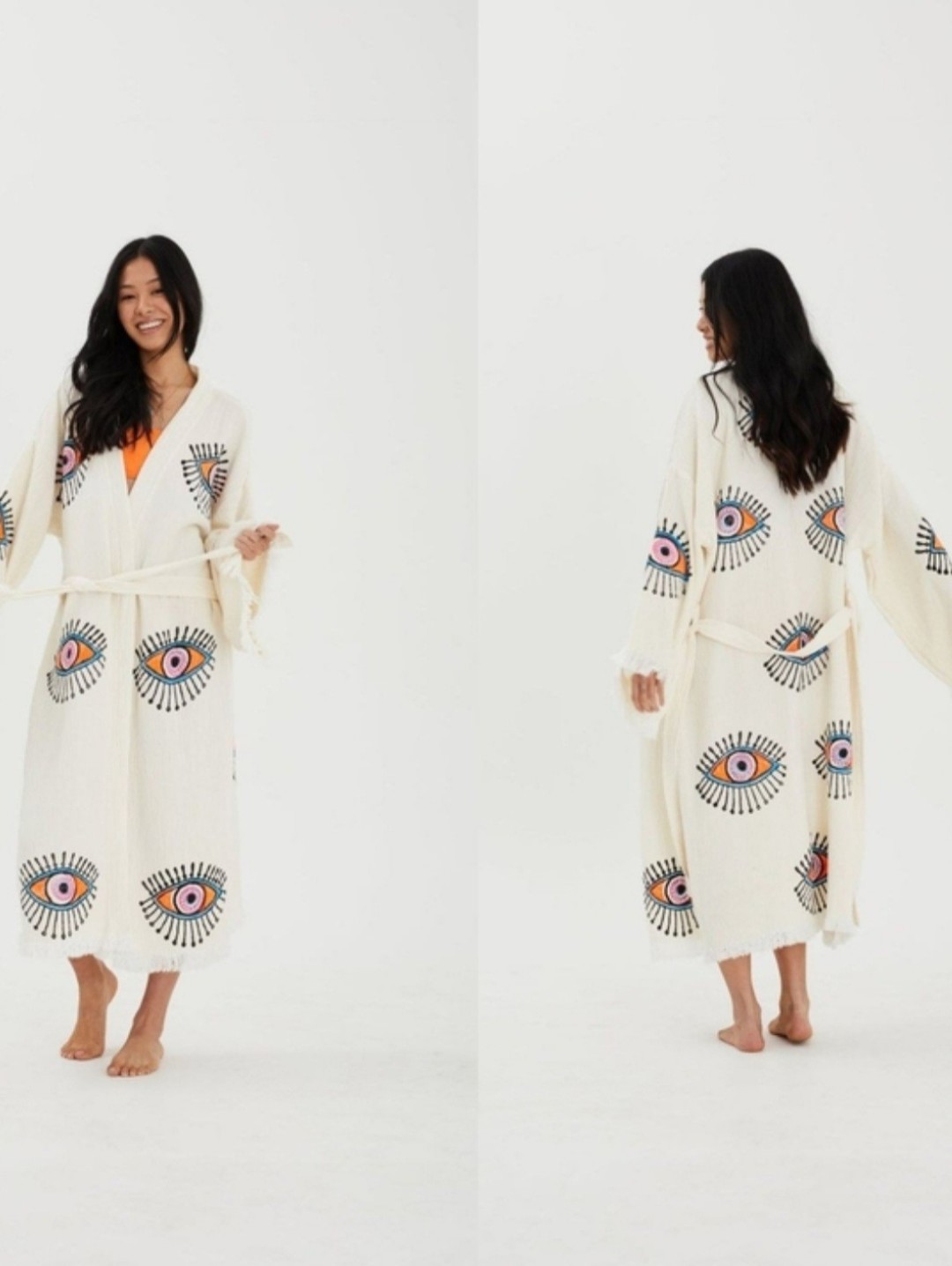 Lil Bees Bohemian Vibrant Handpainted & Embroidered Fringe Frayed Kimono Robe Os — image 5 of 8